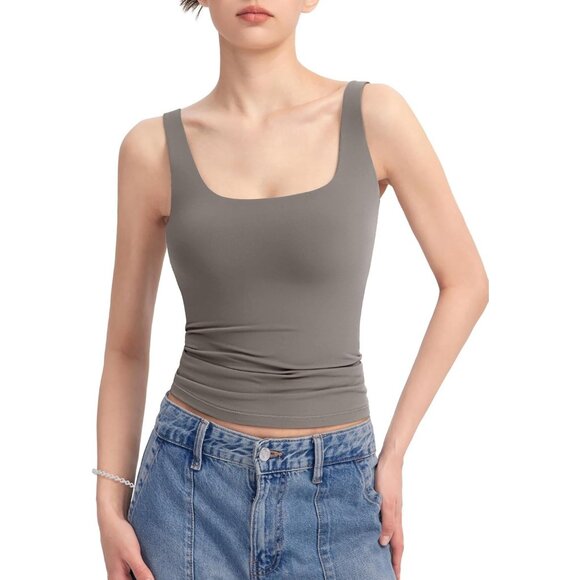 Alljoin Womens Gray Double Lined Square Neck Sleeveless Tank Top For Workout Gym - Picture 1 of 7